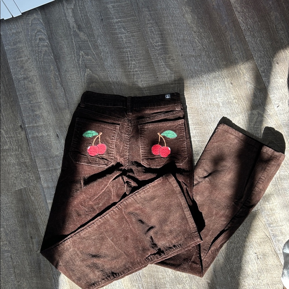 Brown Corduroy Flare Jeans with Cherry Embroidery